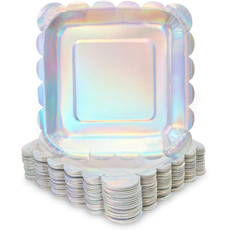Silver Paper Plates with Scalloped Edge, Holographic (7 Inches, 48 Pack)
