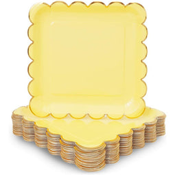 Pastel Yellow Square Paper Plates, Gold Foil Scalloped Edge (9 In, 48 Pack)