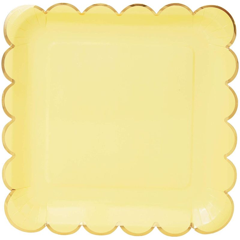 Pastel Yellow Square Paper Plates, Gold Foil Scalloped Edge (9 In, 48 Pack)