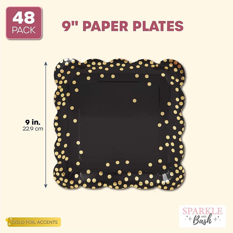 Square Confetti Paper Plates, Scalloped Edge (Black, 9 In, 48 Pack