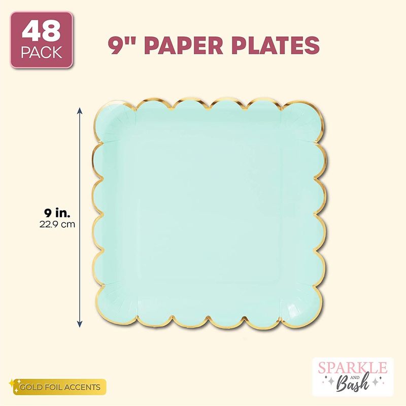 Mint Green Square Paper Plates, Gold Foil Scalloped Edge (9 In, 48 Pack)