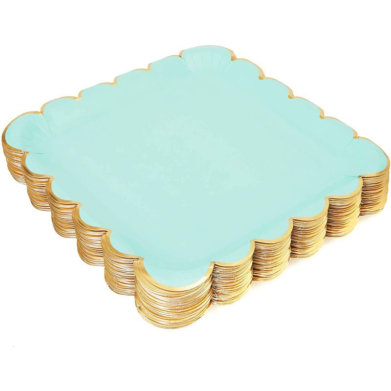 Mint Green Square Paper Plates, Gold Foil Scalloped Edge (9 In, 48 Pack)
