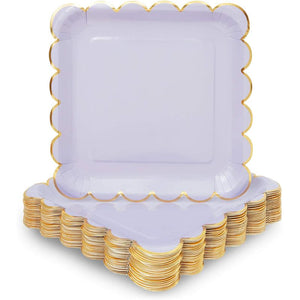 Pastel Purple Square Paper Plates, Gold Foil Scalloped Edge (9 In, 48 Pack)