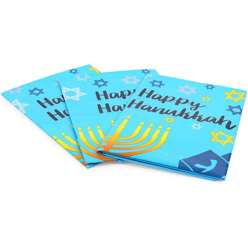 Hanukkah Themed Tablecloths, Menorahs, Dreidels, Star of David (54 x 108 in, 3 Pack)
