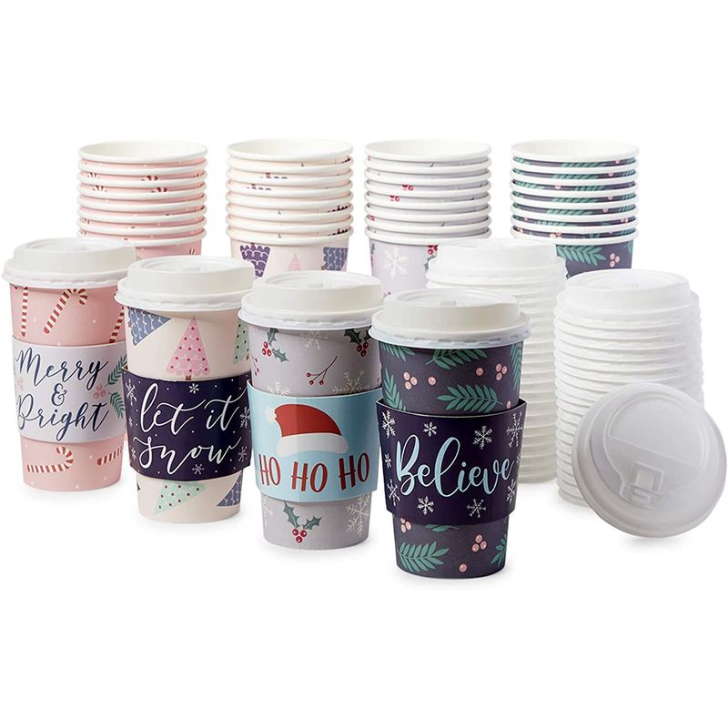 Paper Coffee Cups with Lids and Sleeves in 4 Christmas Designs (16 oz, 48 Pack)