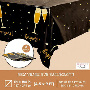 Happy New Year Plastic Tablecloths, Disposable NYE Party Table Covers (54 x 108 in, 3 Pack)