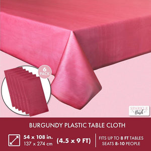 Burgundy Tablecloth, Plastic Dining Table Covers (54 x 108 Inches, 6 Pack)