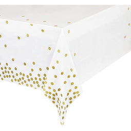 White Plastic Tablecloth with Gold Polka Dot Confetti (54 x 108 in, 6 Pack)