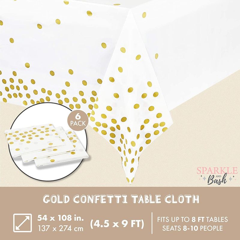 White Plastic Tablecloth with Gold Polka Dot Confetti (54 x 108 in, 6 Pack)