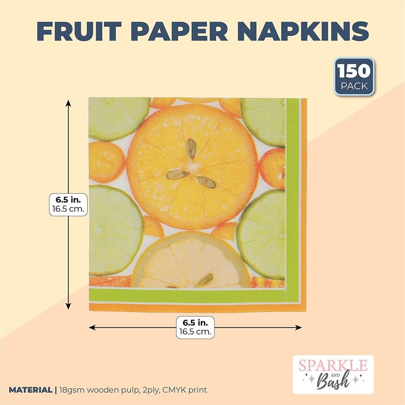 Citrus Fruit Paper Napkins for Summer Party (6.5 x 6.5 Inches, 150 Pack)
