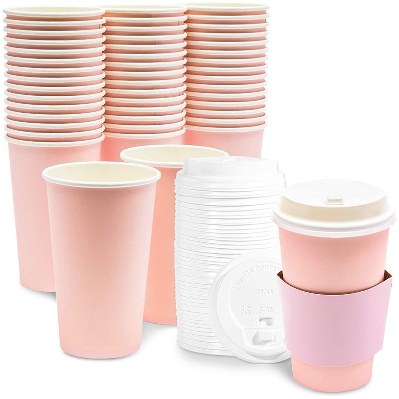 16 oz Disposable Coffee Cups with Lids and Sleeves, Paper