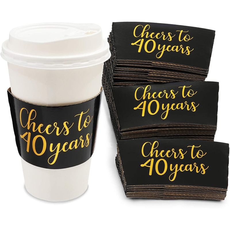 Cheers to 40 Years Coffee Cup Drink Sleeves for 40th Anniversary or Birthday, Fits 12-16 oz Cups (Gold Foil, 50 Pack)