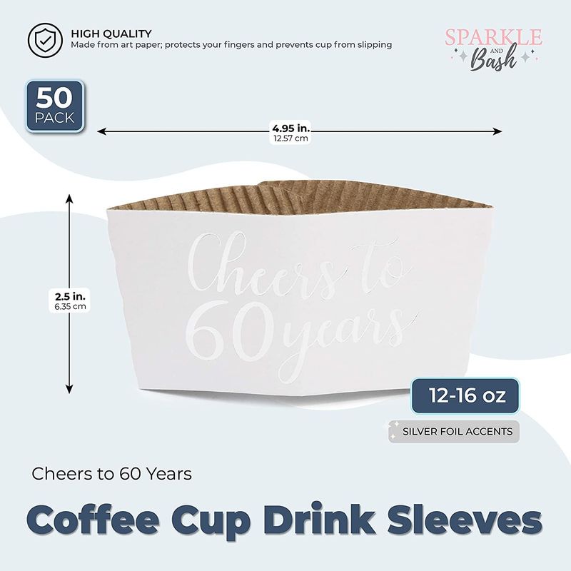 Cheers to 60 Years Coffee Cup Drink Sleeves for 60th Anniversary or Birthday, Fits 12-16 oz Cups, Fits 12-16 oz (Silver Foil, 50 Pack)