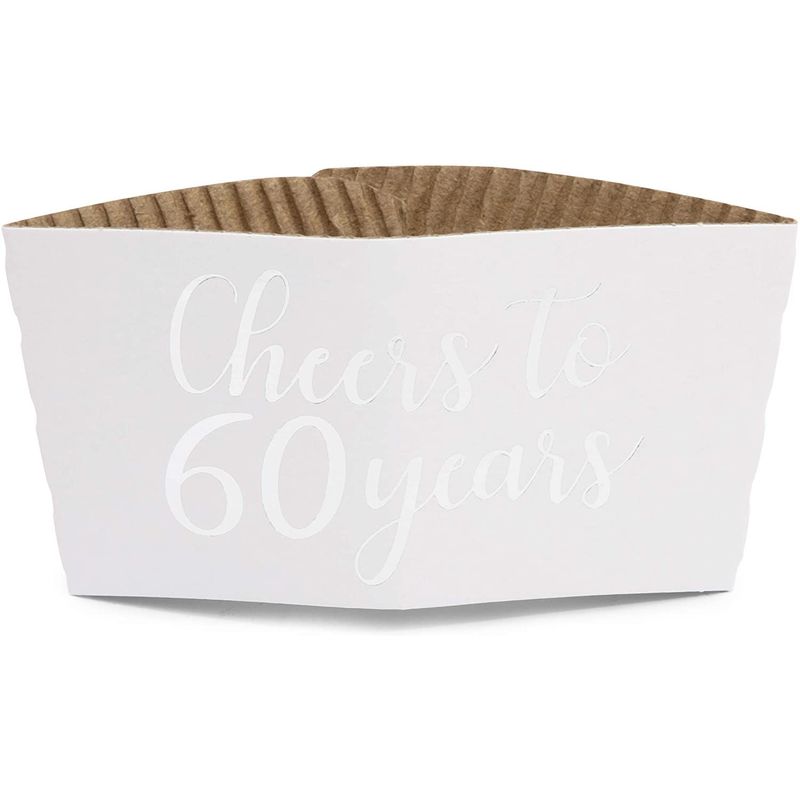 Cheers to 60 Years Coffee Cup Drink Sleeves for 60th Anniversary or Birthday, Fits 12-16 oz Cups, Fits 12-16 oz (Silver Foil, 50 Pack)