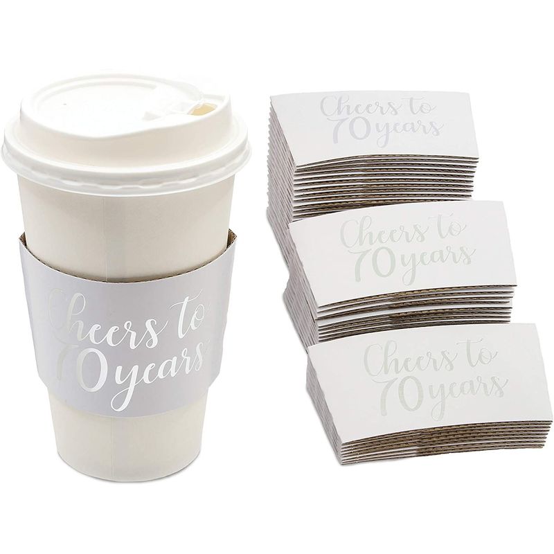 Cheers to 70 Years Coffee Cup Drink Sleeves for 70th Anniversary or Birthday, Fits 12-16 oz Cups, Fits 12-16 oz (Silver Foil, 50 Pack)