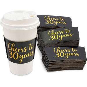 Cheers to 30 Years Coffee Cup Drink Sleeves for 30th Anniversary or Birthday, Fits 12-16 oz Cups (Gold Foil, 50 Pack)