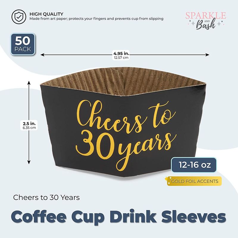 Cheers to 30 Years Coffee Cup Drink Sleeves for 30th Anniversary or Birthday, Fits 12-16 oz Cups (Gold Foil, 50 Pack)