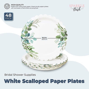 White Scalloped Paper Plates Wedding, Bridal Shower Supplies (11.5 In, 48 Pack)