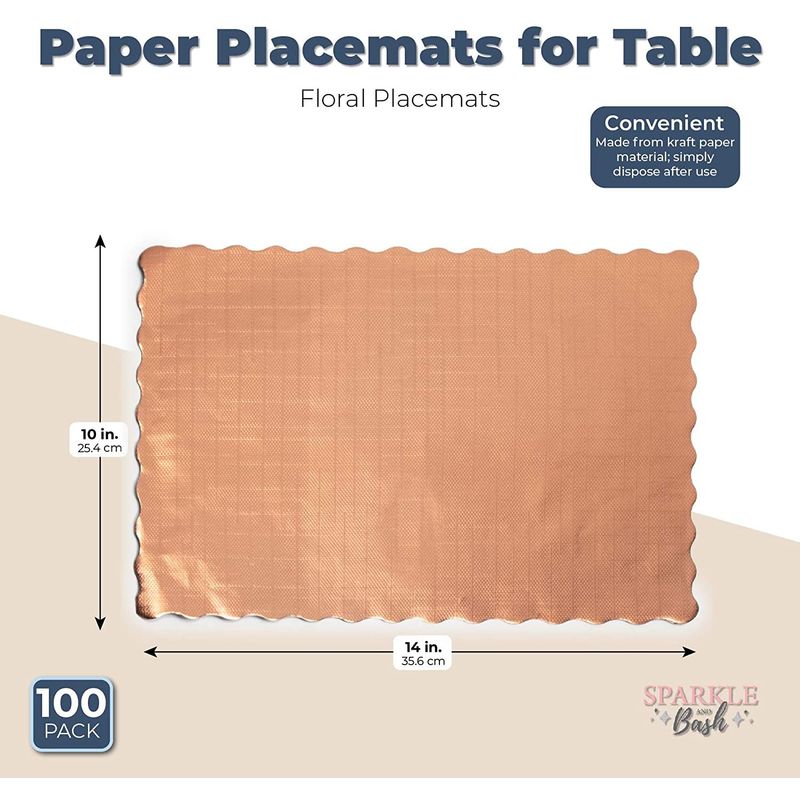 Sparkle and Bash Metallic Paper Placemats for Table, Rose Gold (14 x 10 in, 100 Pack)