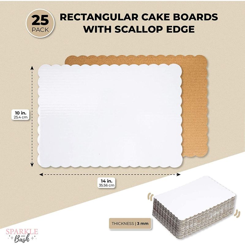 White Foil Cake Boards, Scalloped Rectangle Dessert Base (14 x 10