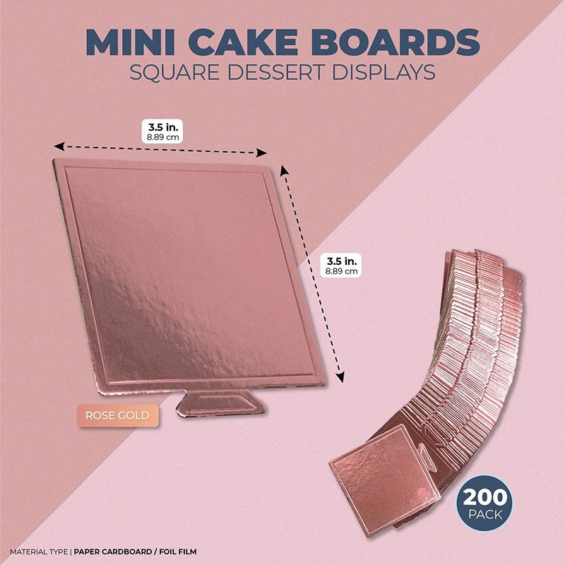 Mini Square Cake Boards, Rose Gold Foil Dessert Base (3.5 Inches, 200 Pack)