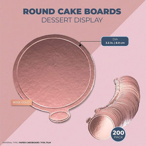 Mini Round Cake Boards, Rose Gold Foil Dessert Base (3.5 Inches, 200 Pack)