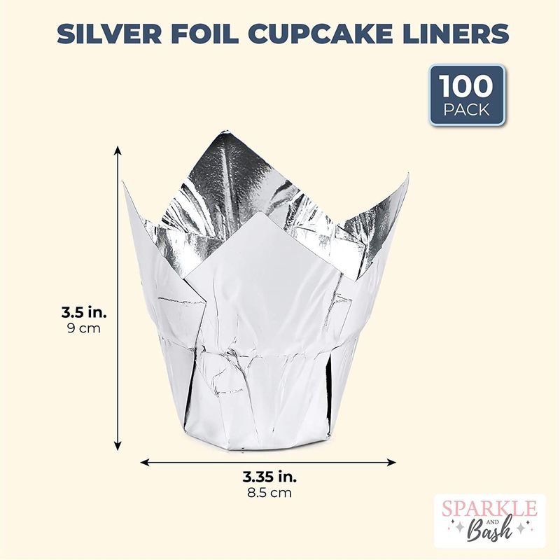 Silver Tulip Cupcake Liners, Foil Muffin Baking Cups (3.35 x 3.5 In, 100 Pack)