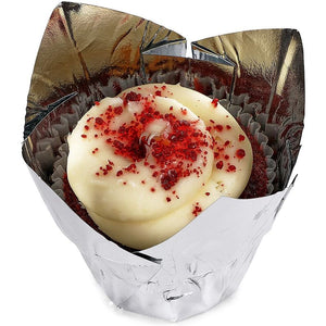 Silver Tulip Cupcake Liners, Foil Muffin Baking Cups (3.35 x 3.5 In, 100 Pack)