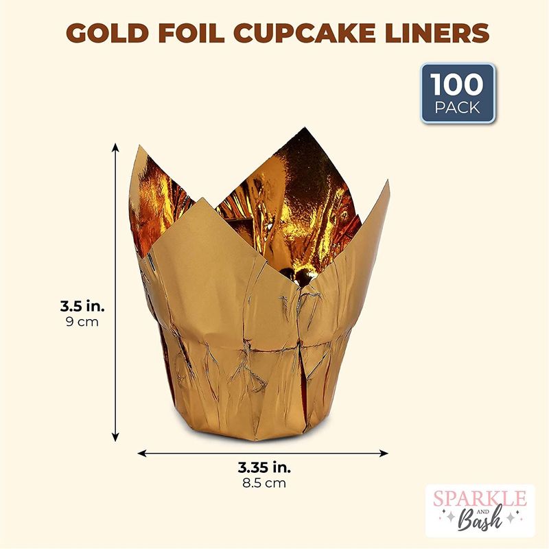 Gold Tulip Cupcake Liners, Foil Muffin Baking Cups (3.35 x 3.5 In