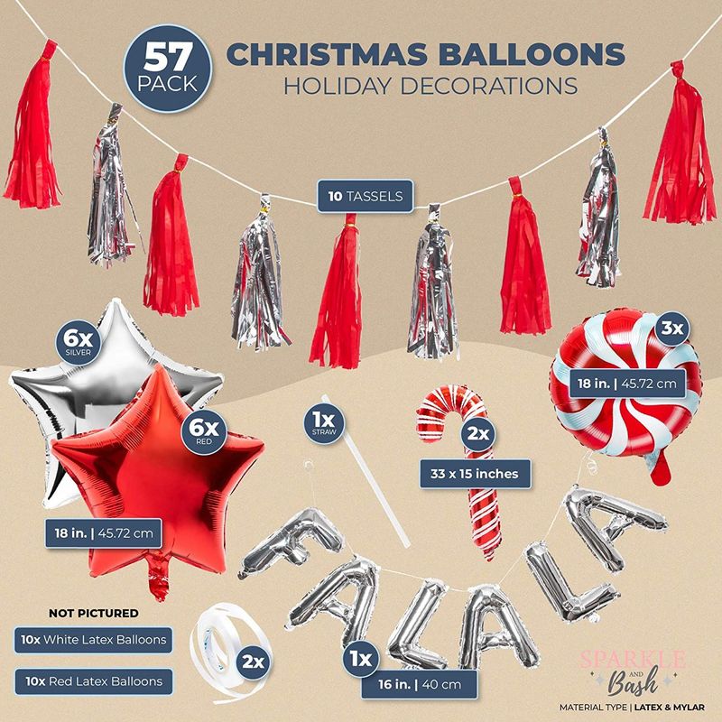 Christmas Party Balloons with Candy Canes, Stars, String, Banner (57 Pieces)