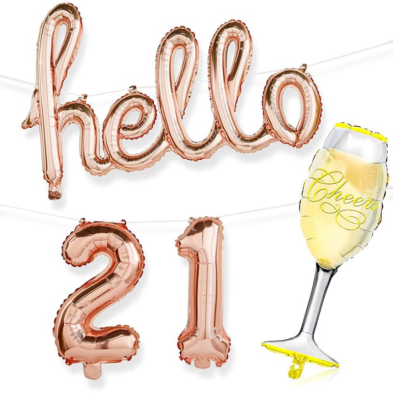 21st Birthday Party Rose Gold Foil Balloons, Hello 21, Champagne Glass (4 Pieces)
