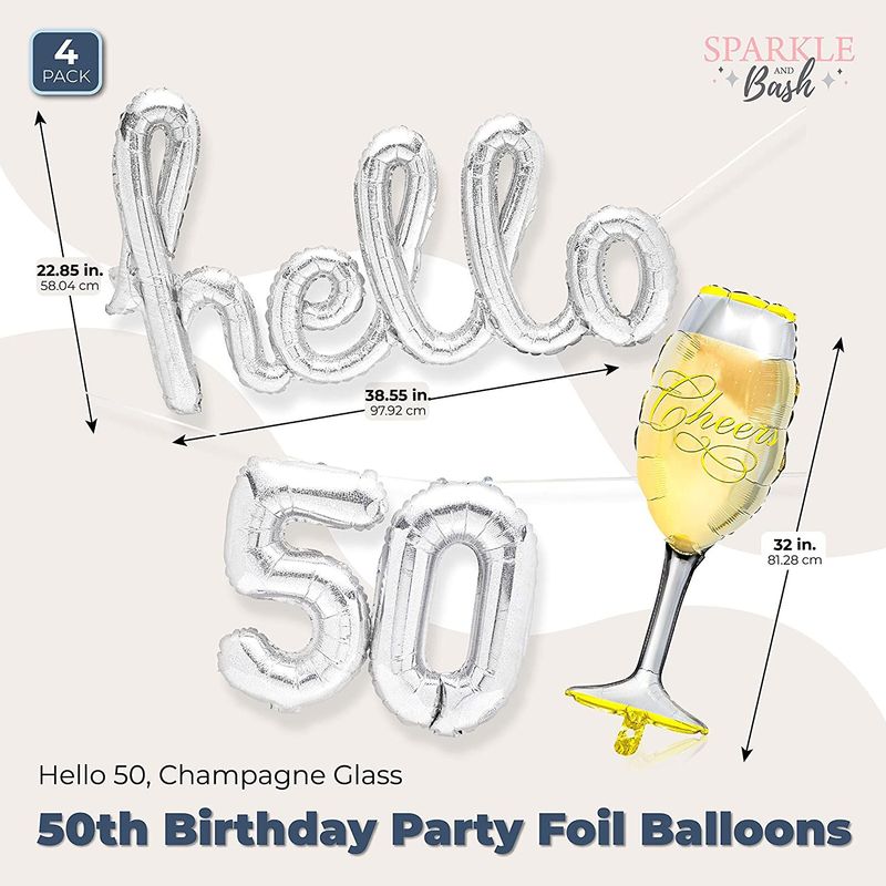 50th Birthday Party Foil Balloons, Hello 50, Champagne Glass (4 Pieces)