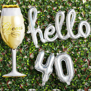 40th Birthday Party Silver Foil Balloons, Hello 40, Champagne Glass (4 Pieces)