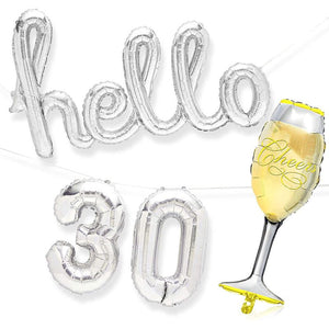 30th Birthday Party Foil Balloons, Hello 30, Champagne Glass (4 Pieces)