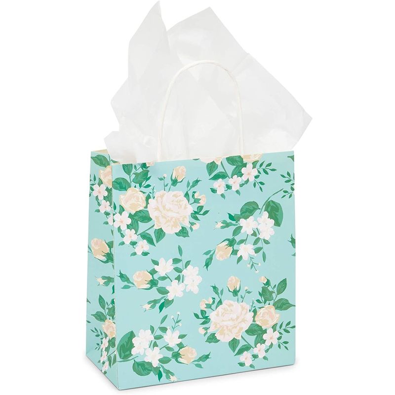 Small Floral Kraft Gift Bags with Handles in 4 Colors (8 x 9 x 4 in, 12 Pack)