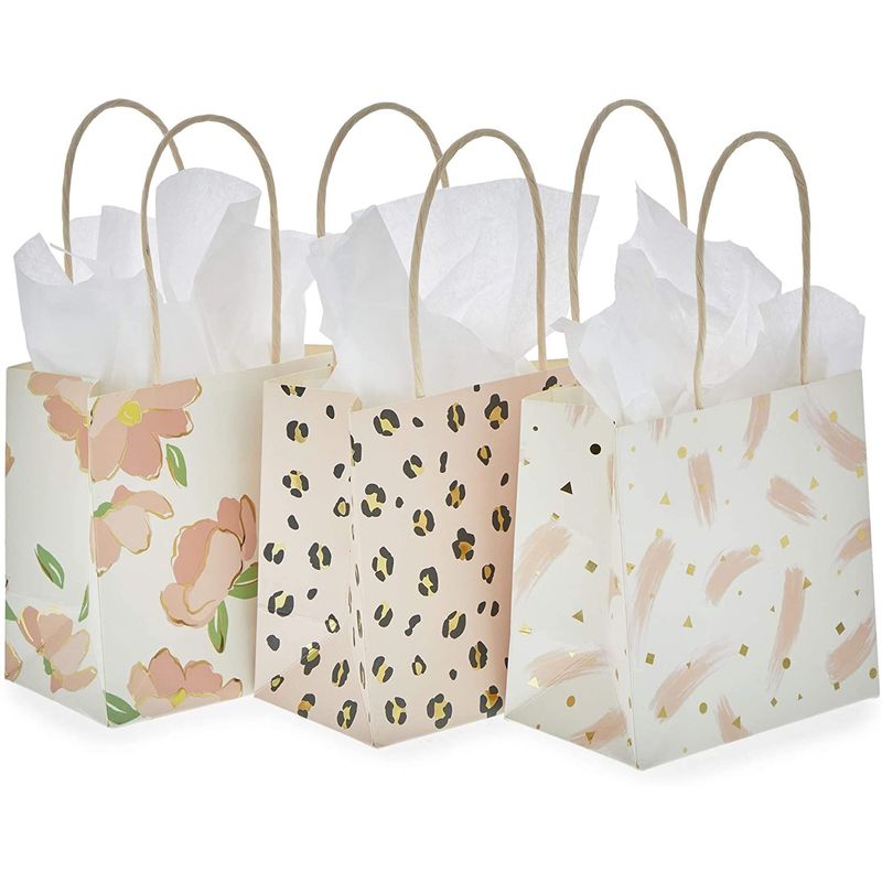 Mini Gift Bags with Handles in 3 Pink Designs (5 x 5 x 3 in, 12 Pack)
