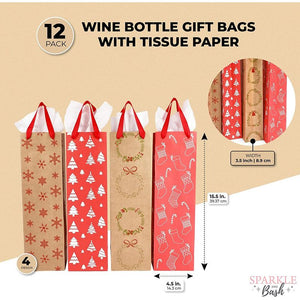 Christmas Wine Gift Bags with Tissue Paper (Red, Brown, 4.5 x 15.5 x 3.5 in, 12 Pack)