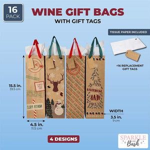 16 Kraft Christmas Wine Bottle Gift Bags, 32 Tags (4.55 x 15.65 x 3.55 in, 48 Pieces)