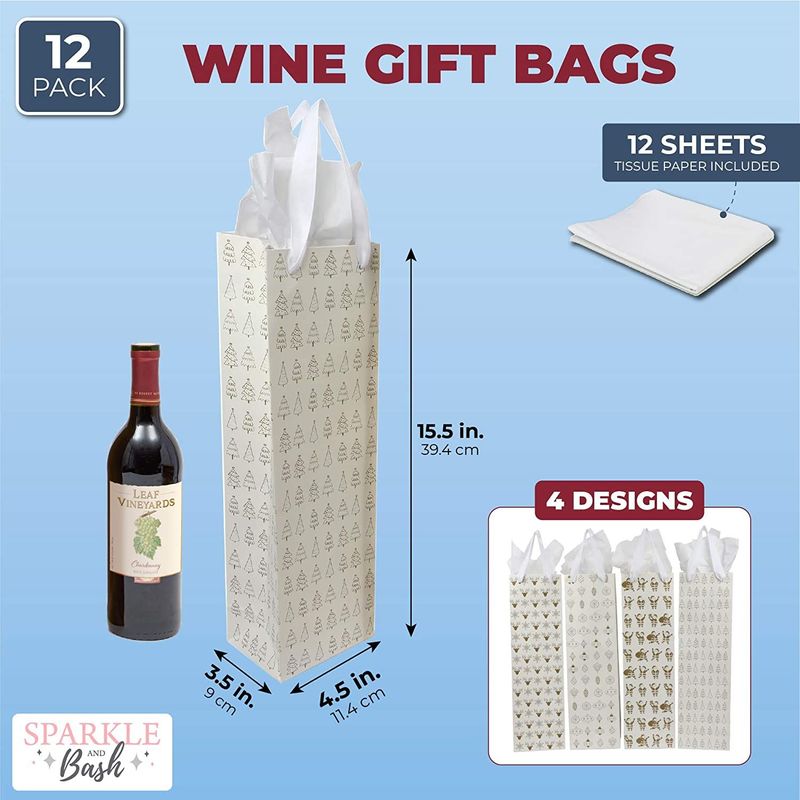 Christmas Wine Gift Bags with Tissue Paper (White, 4.5 x 15.5 x 3.5 in, 12 Pack)