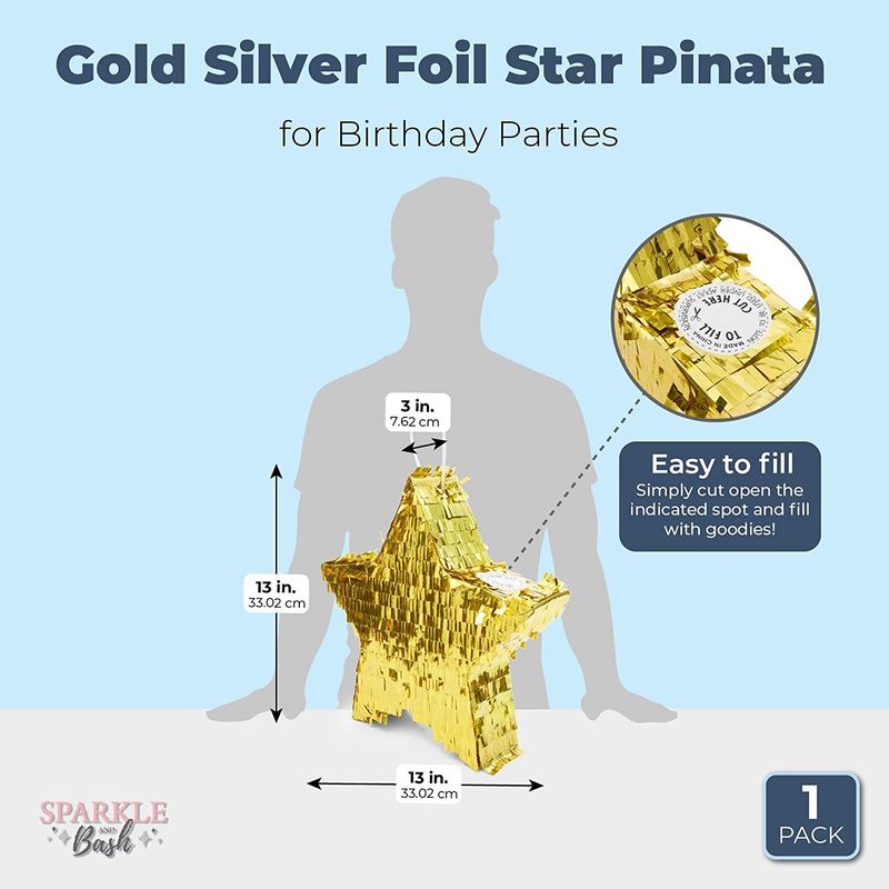 Small Gold Foil Star Pinata for Birthday Party (13 x 3 Inches)