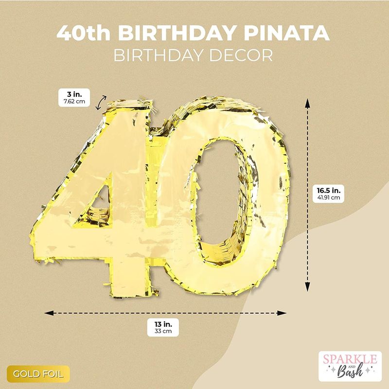 Gold Foil Pinata for 40th Birthday Party (16.5 x 13 Inches)