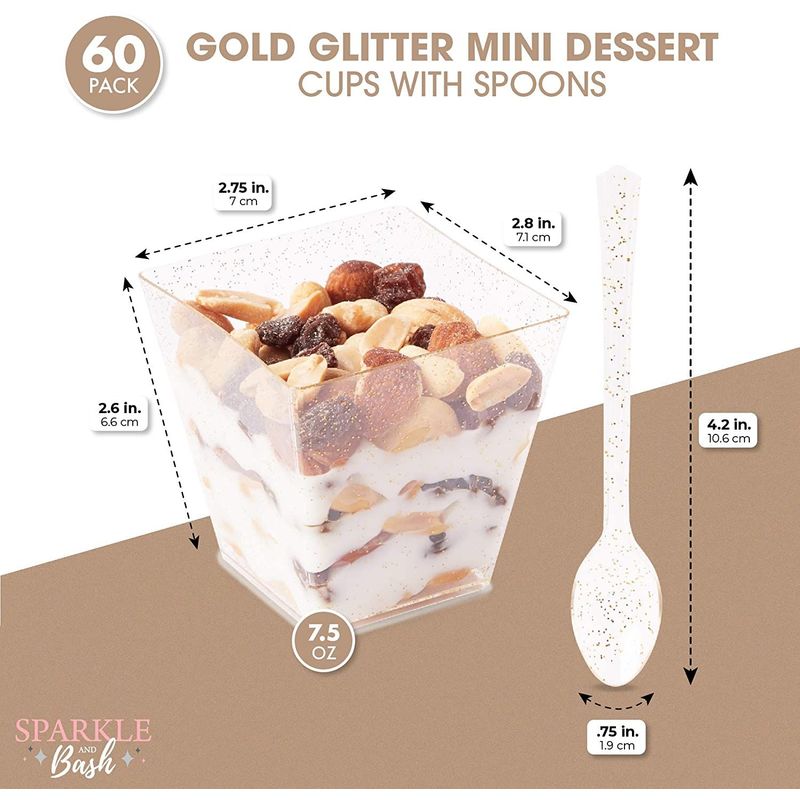 Gold Glitter Mini Dessert Cups with Spoons for Parties, Serves 60 (7.5 oz)