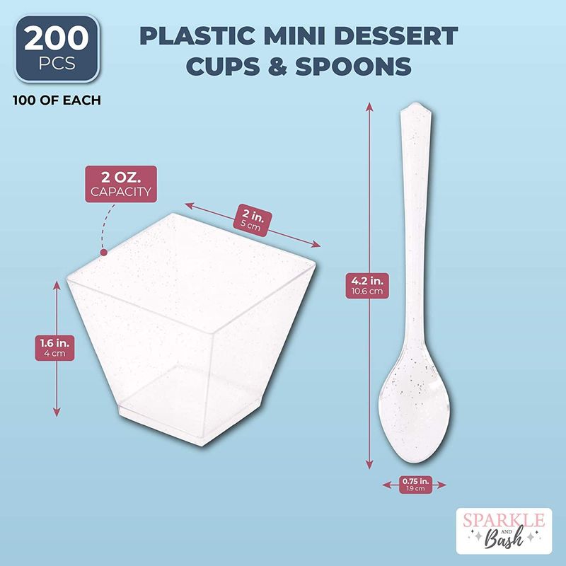 100 Silver Glitter Mini Dessert Cups with 100 Spoons (2 oz)