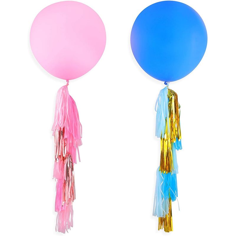 Giant Latex Balloons with Tassels, Gender Reveal Supplies (Pink, Blue, 36 in, 2 Pack)
