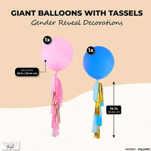 Giant Latex Balloons with Tassels, Gender Reveal Supplies (Pink, Blue, 36 in, 2 Pack)