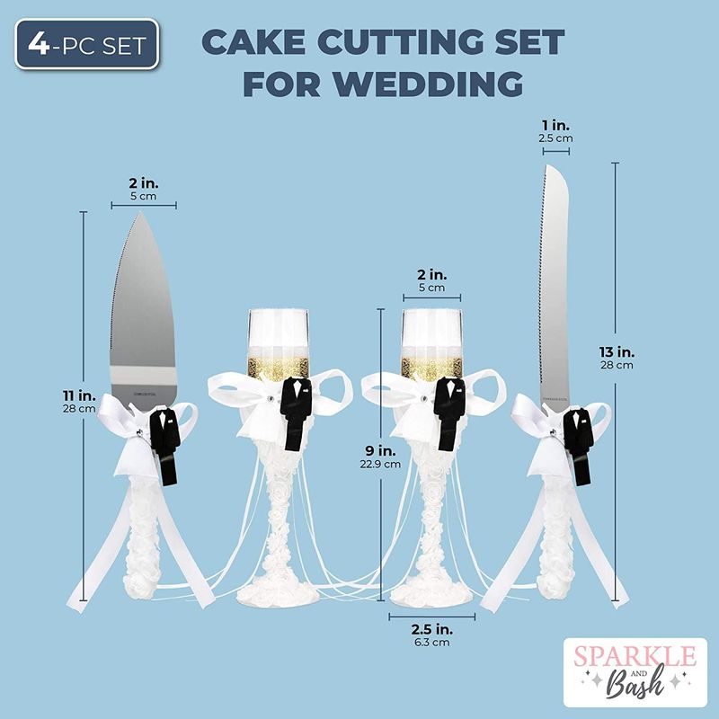 Wedding Supplies for Cake Cutting, Flutes, Server, Knife (White, 4 Pieces)
