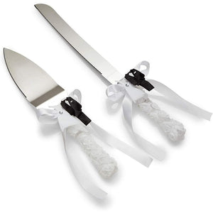 Wedding Supplies for Cake Cutting, Flutes, Server, Knife (White, 4 Pieces)