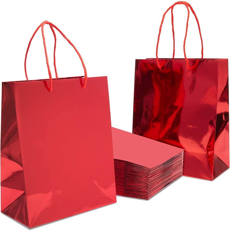 Red Metallic Medium Gift Bags with Handles for Weddings, Birthdays (9.25 x 8 x 4.25 in, 24 Pack)