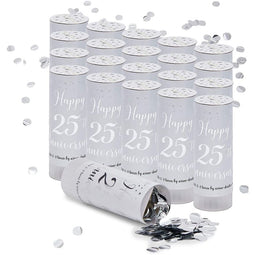 25th Anniversary Confetti Party Poppers, Silver Foil Decorations (20 Pack)