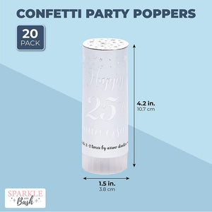 25th Anniversary Confetti Party Poppers, Silver Foil Decorations (20 Pack)